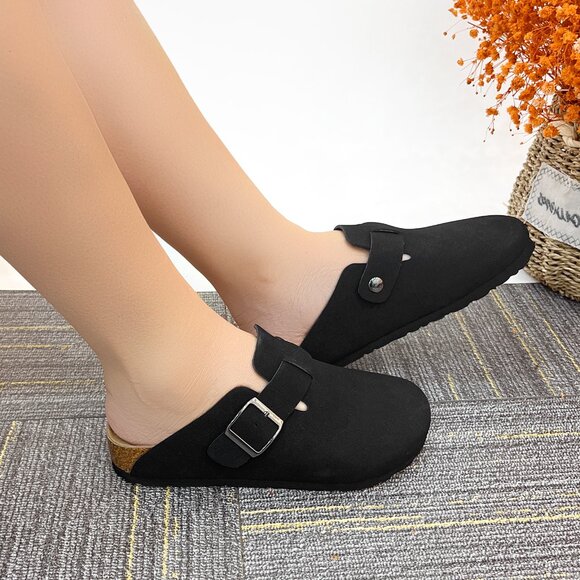 Lurnyet Women Slip On Black Suede Clogs with Buckle Closure Sandal - Picture 5 of 7